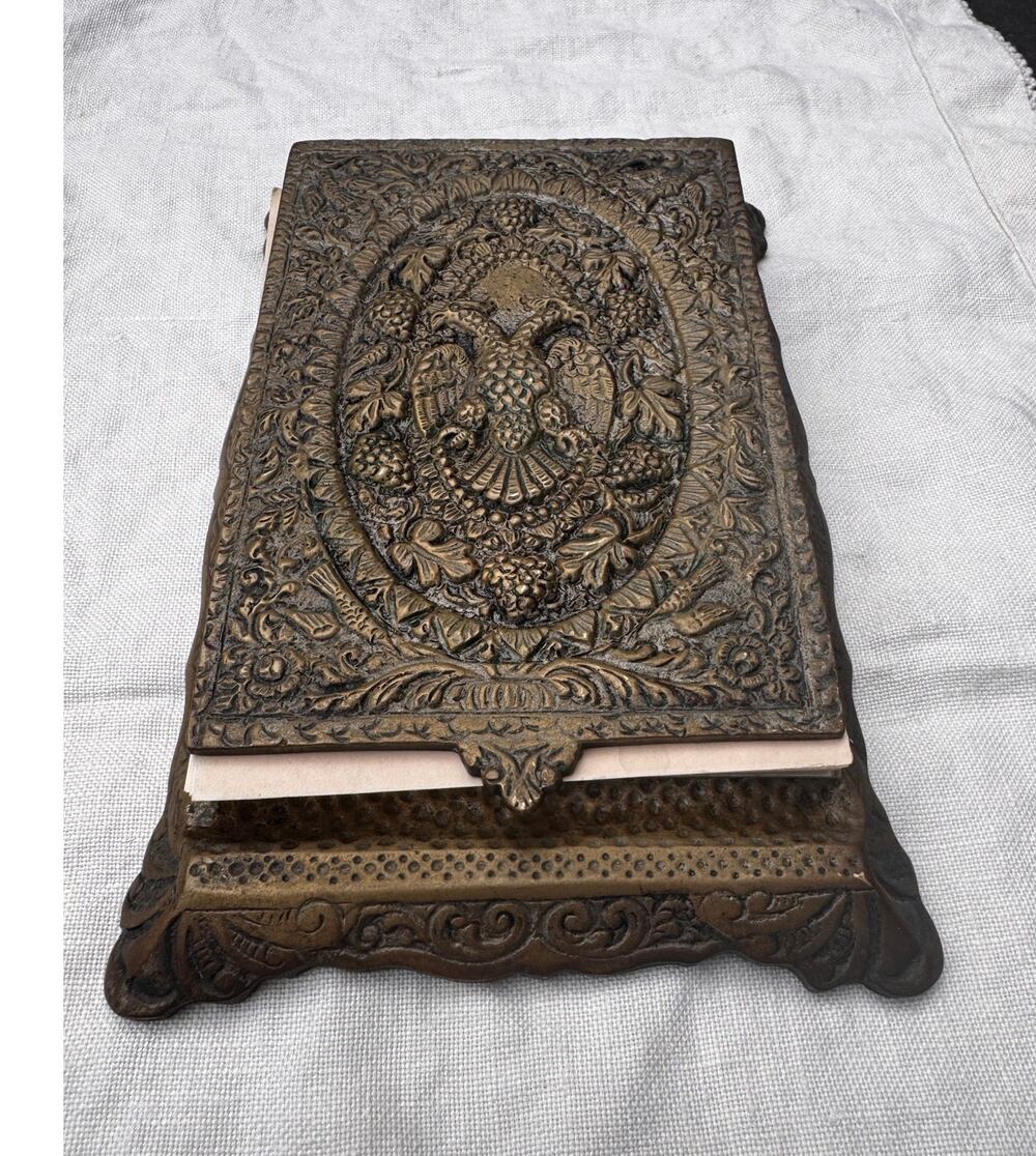 Mid Century Brass Peacock Note Paper/Letter Holder Desk Organizer  7"x4.5"